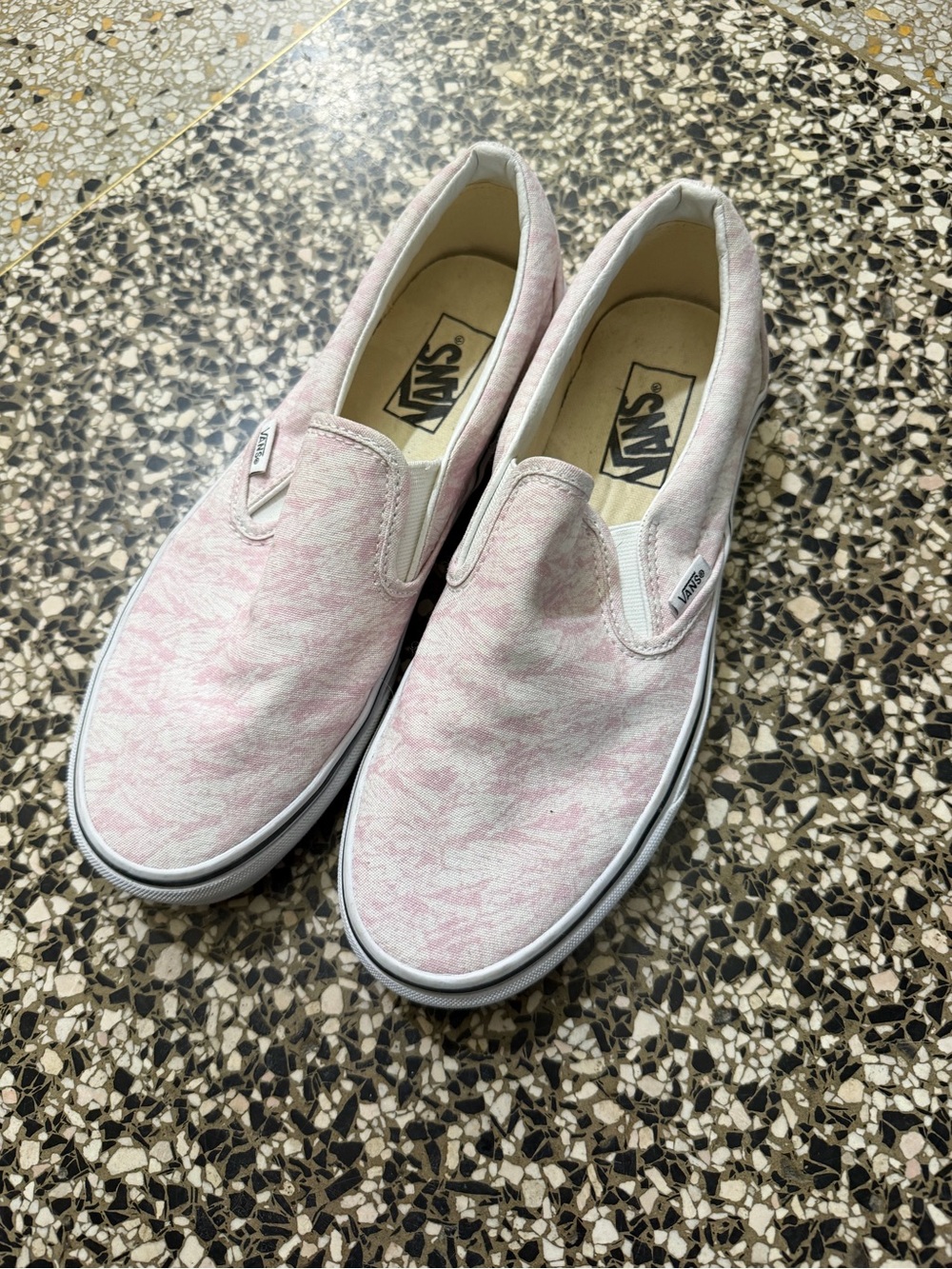 Vans Classic Slip-On Canvas Sneakers in Pale Pink Marble